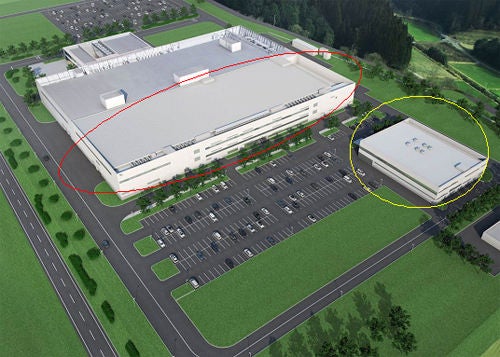 Rendering (red circle: new factory building to be expanded, yellow circle: new service factory to be built)