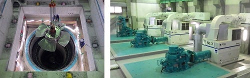 左：排水ポンプの羽根車（Φ2600mm）、右：原動機室内